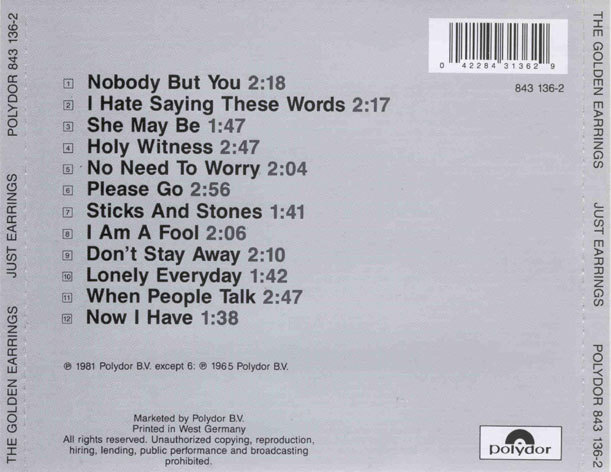 Golden Earring Just Ear-rings Netherlands cd release Polydor 1990 inlay back black and grey lettering